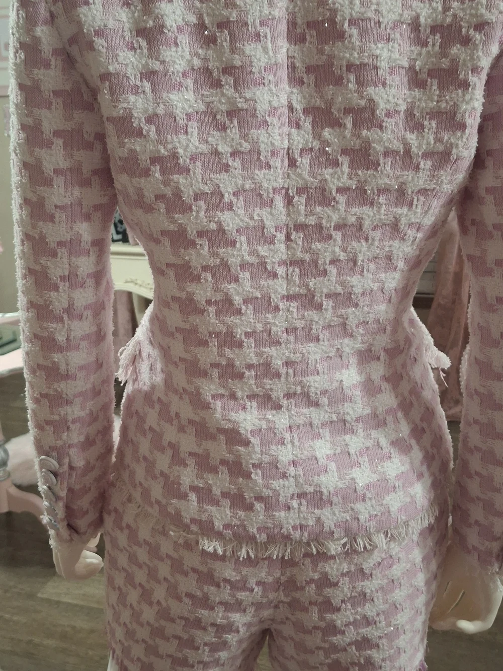Pink White Houndstooth Bouble Breasted Tweed Blazer & Shorts NWOT  Size S